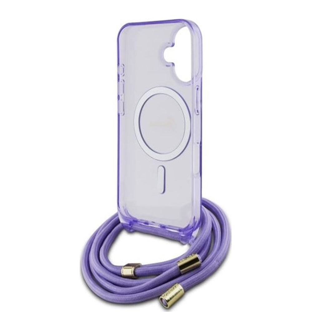 MagSafe Hülle für Apple iPhone 16, Guess, IML Crossbody Cord Script, Lila