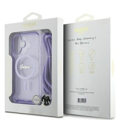 MagSafe Hülle für Apple iPhone 16, Guess, IML Crossbody Cord Script, Lila
