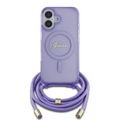 MagSafe Hülle für Apple iPhone 16, Guess, IML Crossbody Cord Script, Rosa