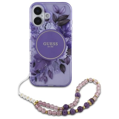 MagSafe Hülle für Apple iPhone 16, Guess, IML Flowers with Pearl Strap, Lila
