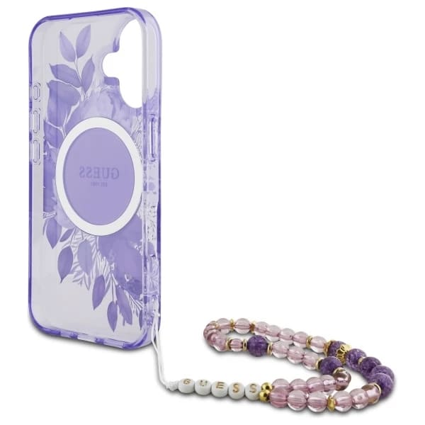MagSafe Hülle für Apple iPhone 16, Guess, IML Flowers with Pearl Strap, Lila