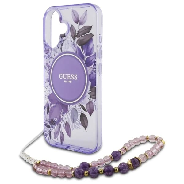 MagSafe Hülle für Apple iPhone 16, Guess, IML Flowers with Pearl Strap, Lila