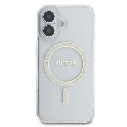 MagSafe Hülle für Apple iPhone 16, Guess, IML Glitter Circle, Transparent