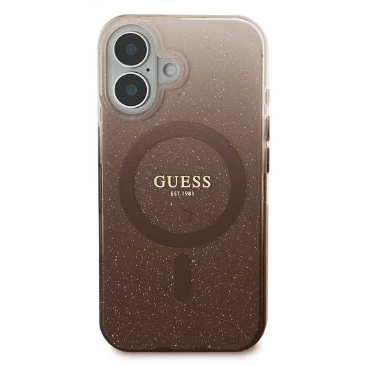 MagSafe Hülle für Apple iPhone 16, Guess, IML Glitter Gradient, Braun