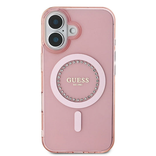 MagSafe Hülle für Apple iPhone 16, Guess, IML Rhinestones Ring, Rosa GUHMP16SPFTDTEP