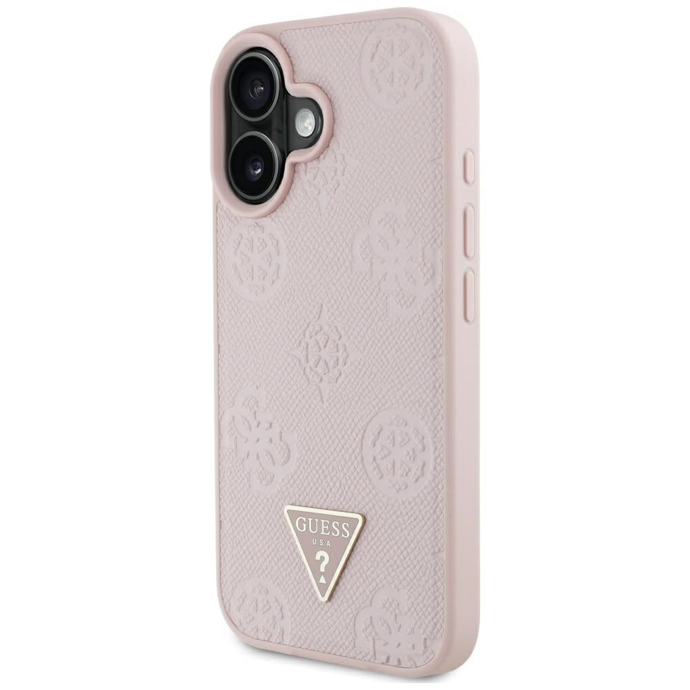 MagSafe Hülle für Apple iPhone 16, Guess, Peony Grained Hot Stamp Triangle, Rosa
