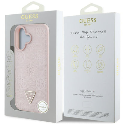 MagSafe Hülle für Apple iPhone 16, Guess, Peony Grained Hot Stamp Triangle, Rosa