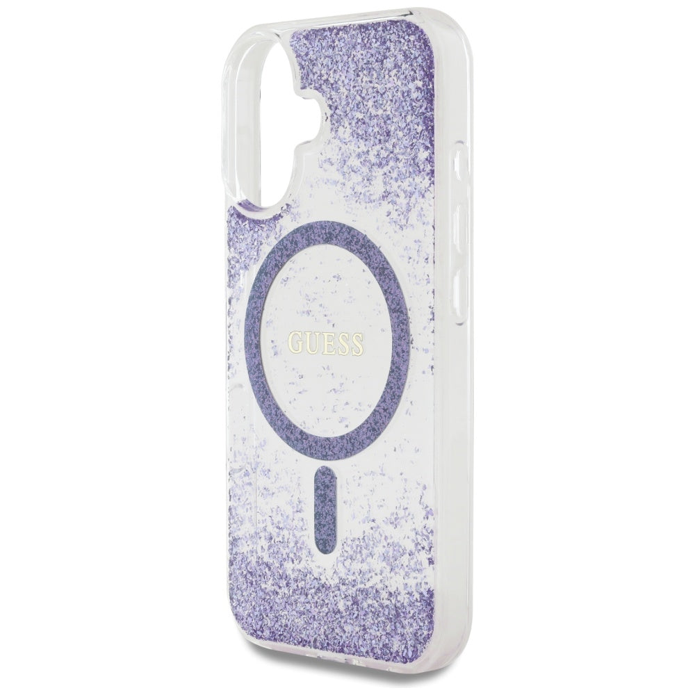 MagSafe Hülle für Apple iPhone 16, Guess, Resin Bottom Glitter, Lila