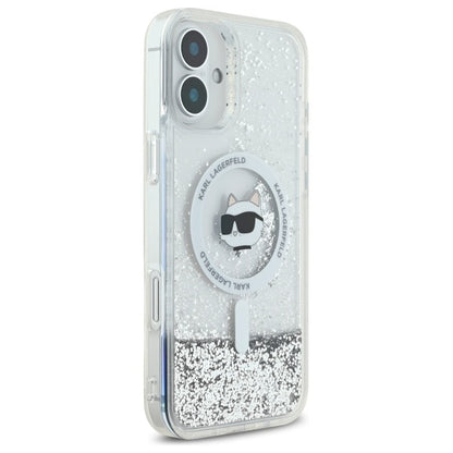 MagSafe Hülle für Apple iPhone 16, Karl Lagerfeld, Glitter Liquid Choupette Head, Transparent