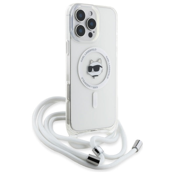 MagSafe Hülle für Apple iPhone 16, Karl Lagerfeld, IML Crossbody Choupette's Head mit Trageriemen, Transparent
