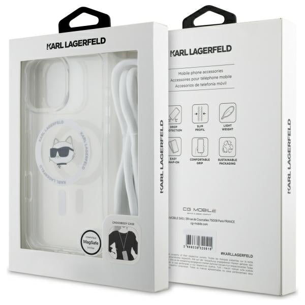 MagSafe Hülle für Apple iPhone 16, Karl Lagerfeld, IML Crossbody Choupette's Head mit Trageriemen, Transparent