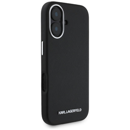 MagSafe Case for Apple iPhone 16, Karl Lagerfeld, Saffiano Full Wrapped Elongated Metal Logo, Black