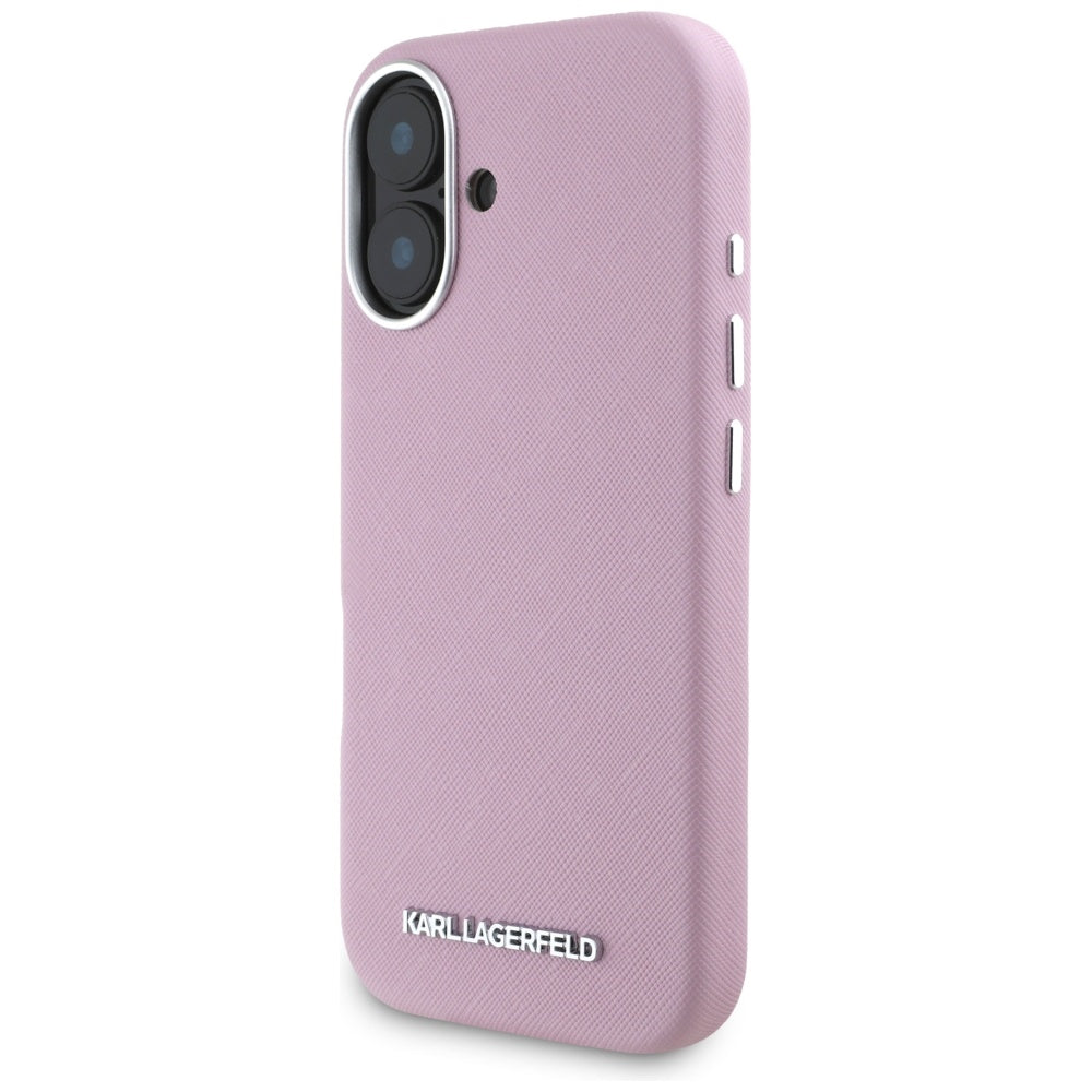 MagSafe Case for Apple iPhone 16, Karl Lagerfeld, Saffiano Full Wrapped Elongated Metal Logo, Pink