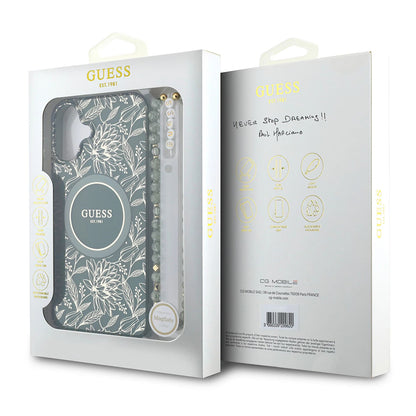 MagSafe Hülle für Apple iPhone 16 Plus, Guess, IML Flowers Allover Electroplated with Pearl Strap, Grün