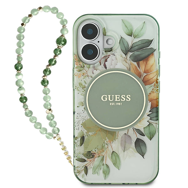 MagSafe Hülle für Apple iPhone 16 Plus, Guess, IML Flowers with Pearl Strap, Grün