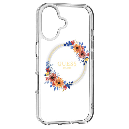 MagSafe Hülle für Apple iPhone 16 Plus, Guess, IML Flowers Wreath, Transparent