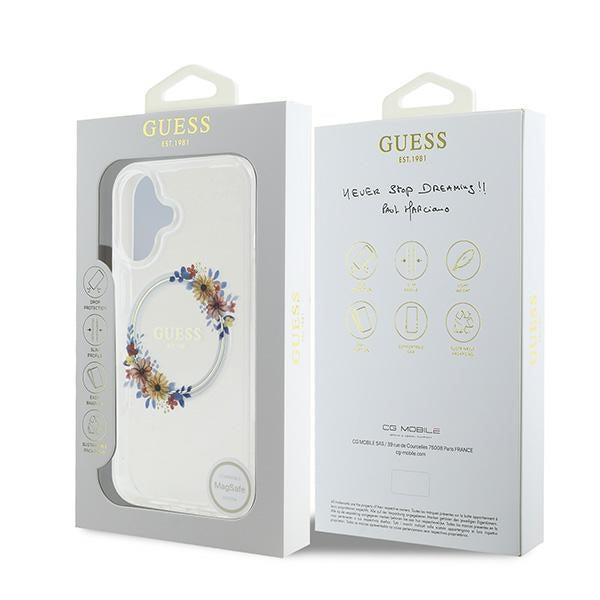 MagSafe Hülle für Apple iPhone 16 Plus, Guess, IML Flowers Wreath, Transparent
