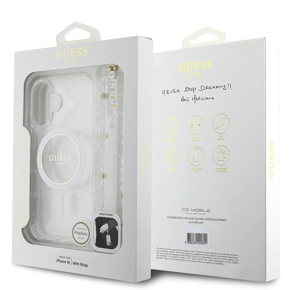 MagSafe Hülle für Apple iPhone 16 Plus, Guess, IML Glitter mit Perlengurt, Transparent