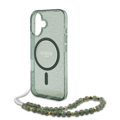 MagSafe Hülle für Apple iPhone 16 Plus, Guess, IML Glitter mit Perlenband, Grün