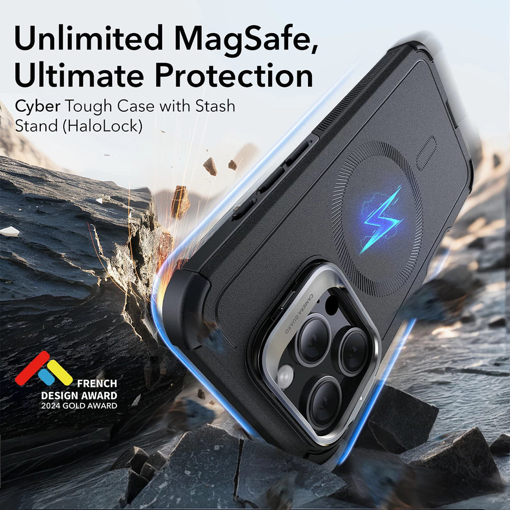 MagSafe Hülle für Apple iPhone 16 Pro, ESR, Cyber Armor Kickstand, Schwarz