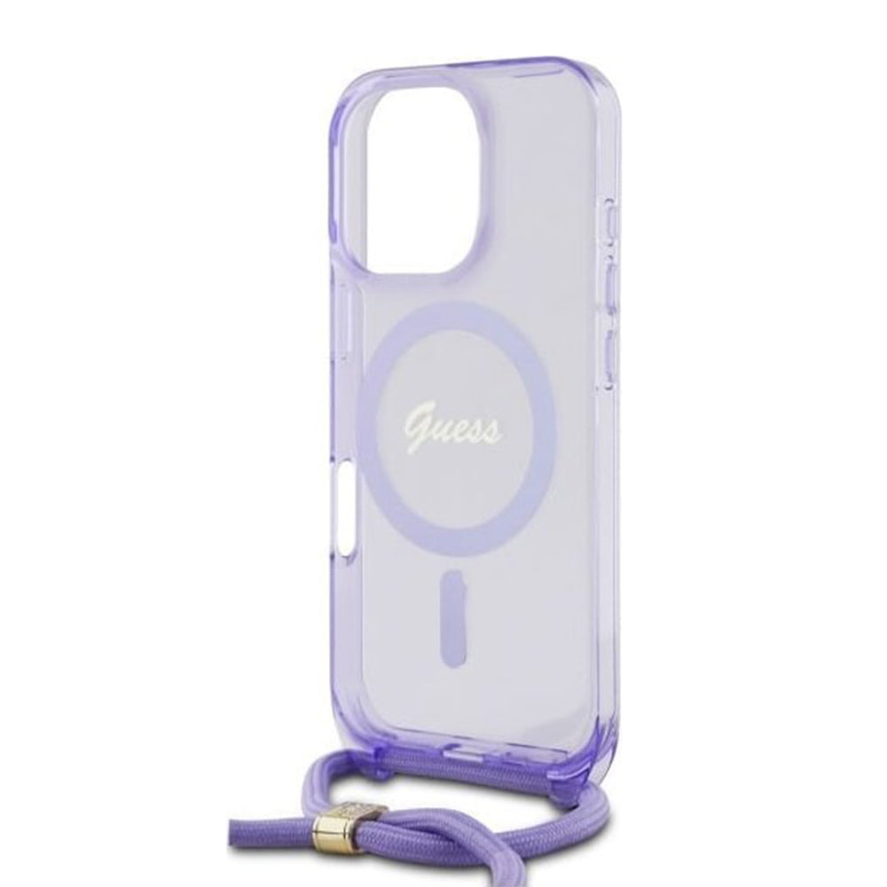 MagSafe Hülle für Apple iPhone 16 Pro, Guess, IML Crossbody Cord Script, Lila
