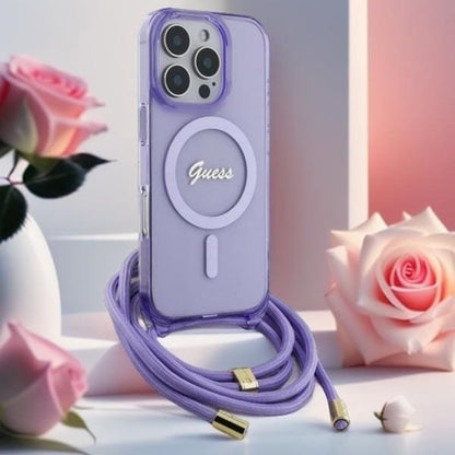 MagSafe Hülle für Apple iPhone 16 Pro, Guess, IML Crossbody Cord Script, Lila