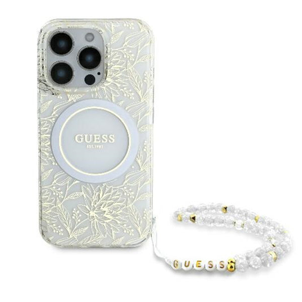 MagSafe Hülle für Apple iPhone 16 Pro, Guess, IML Flowers Allover Electroplated with Pearl Strap, Weiß