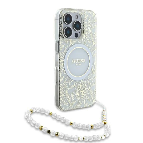 MagSafe Hülle für Apple iPhone 16 Pro, Guess, IML Flowers Allover Electroplated with Pearl Strap, Weiß