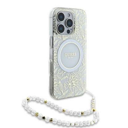 MagSafe Hülle für Apple iPhone 16 Pro, Guess, IML Flowers Allover Electroplated with Pearl Strap, Weiß