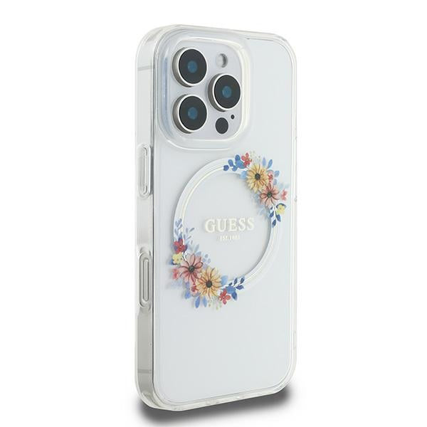 MagSafe Case for Apple iPhone 16 Pro, Guess, IML Flowers Wreath, Transparent