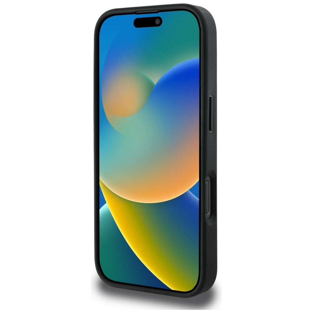 MagSafe Hülle für Apple iPhone 16 Pro, Guess, Peony Grained Hot Stamp Triangle, Schwarz