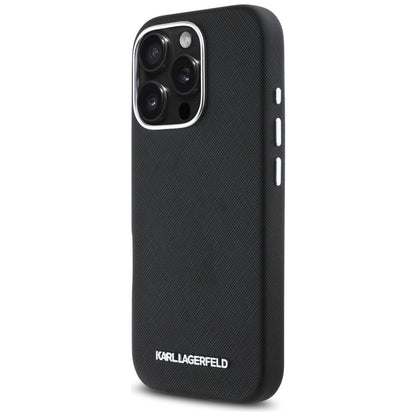 MagSafe Hülle für Apple iPhone 16 Pro, Karl Lagerfeld, Saffiano Full Wrapped Elongated Metal Logo, Schwarz