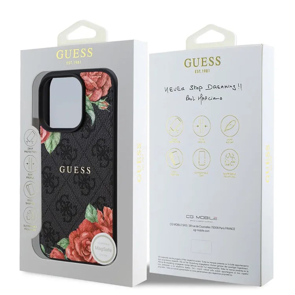 MagSafe Hülle für Apple iPhone 16 Pro Max, Guess, 4G Flowers Print, Schwarz