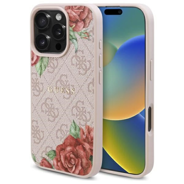 MagSafe Hülle für Apple iPhone 16 Pro Max, Guess, 4G Flowers Print, Rosa