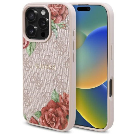MagSafe Hülle für Apple iPhone 16 Pro Max, Guess, 4G Flowers Print, Rosa