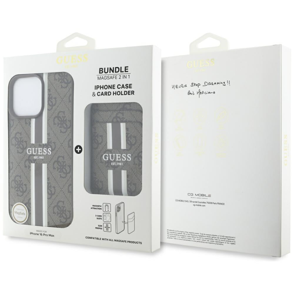 MagSafe Hülle für Apple iPhone 16 Pro Max, Guess, Cardslot 4G Stripes, Braun