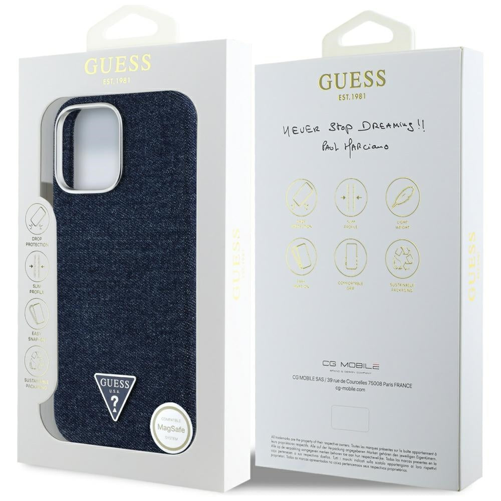 MagSafe Hülle für Apple iPhone 16 Pro Max, Guess, Denim Triangle Logo, Blau