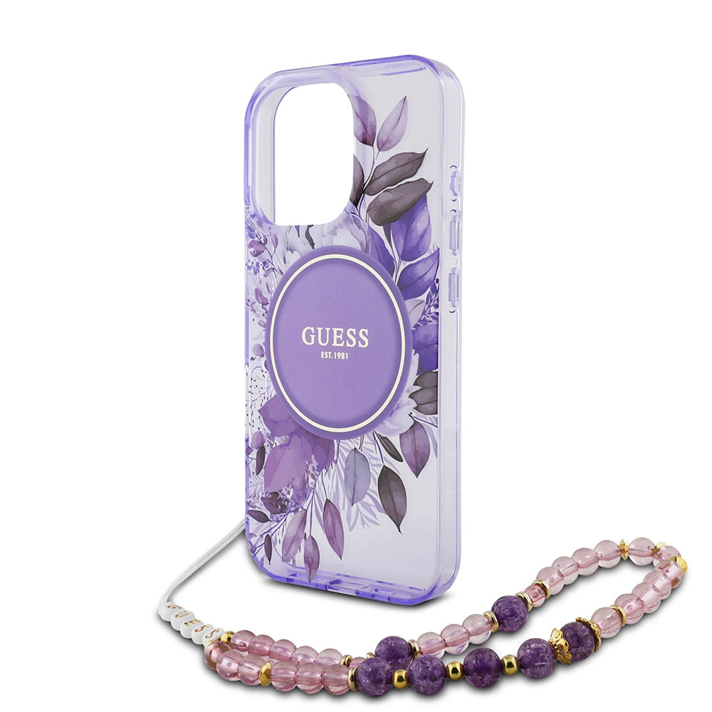MagSafe Hülle für Apple iPhone 16 Pro Max, Guess, IML Flowers with Pearl Strap, Lila