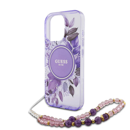 MagSafe Hülle für Apple iPhone 16 Pro Max, Guess, IML Flowers with Pearl Strap, Lila
