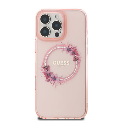 MagSafe Hülle für Apple iPhone 16 Pro Max, Guess, IML Flowers Wreath, Rosa