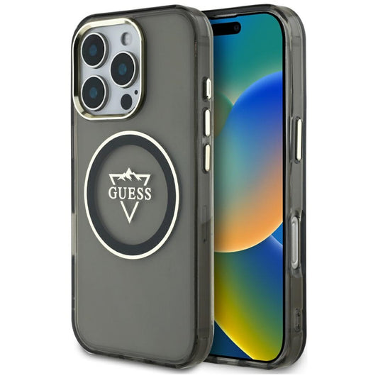 MagSafe Hülle für Apple iPhone 16 Pro Max, Guess, IML Metal Mountain Logo, Schwarz