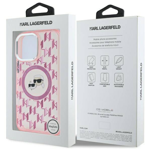 MagSafe Hülle für Apple iPhone 16 Pro Max, Karl Lagerfeld, IML Monogramm Karl & Choupette's Köpfe, Rosa