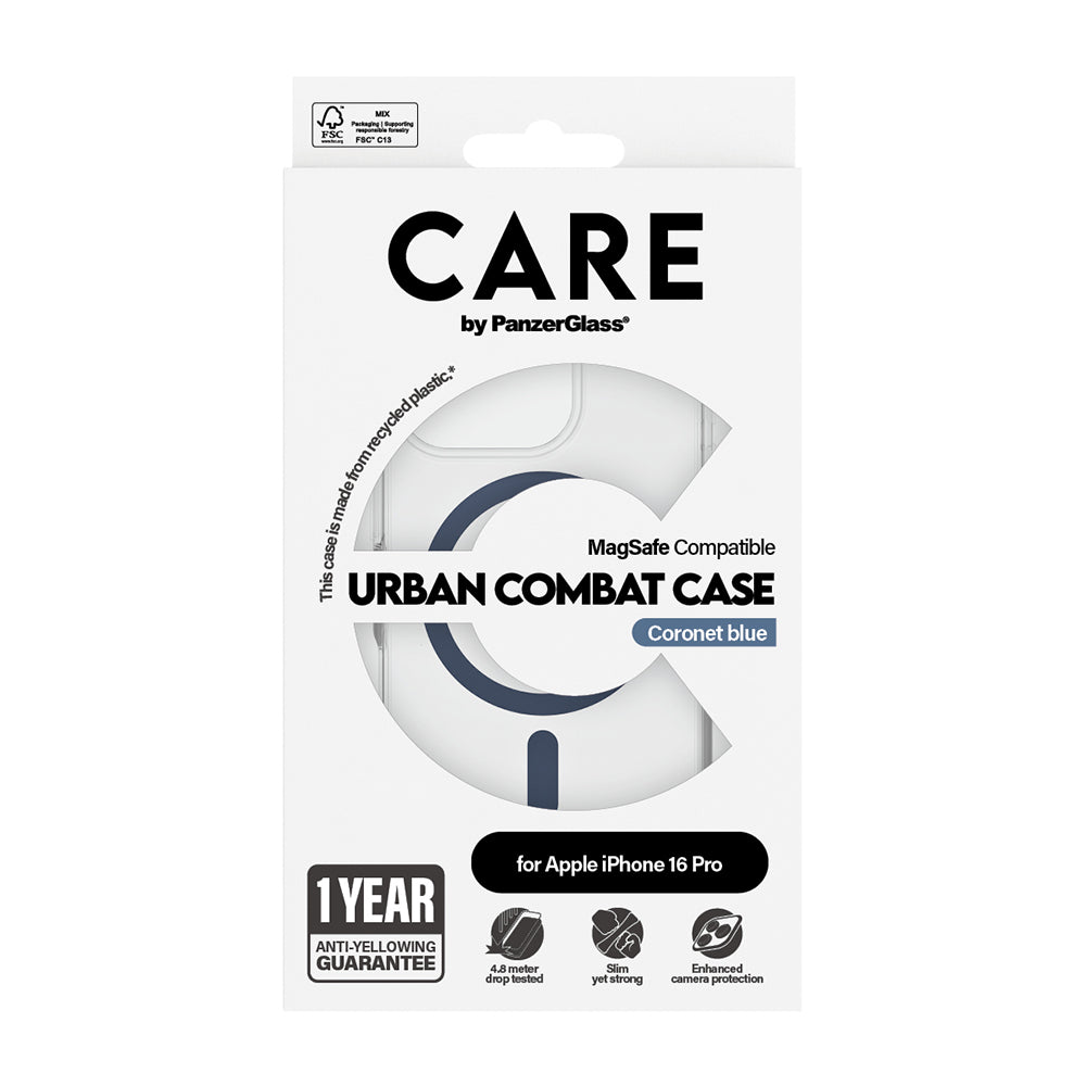 MagSafe Hülle für Apple iPhone 16 Pro, PanzerGlass, Care Urban Combat, Transparent Blau