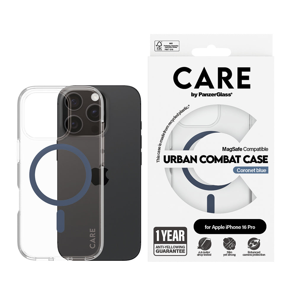 MagSafe Hülle für Apple iPhone 16 Pro, PanzerGlass, Care Urban Combat, Transparent Blau