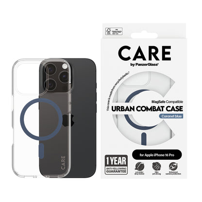 MagSafe Hülle für Apple iPhone 16 Pro, PanzerGlass, Care Urban Combat, Transparent Blau