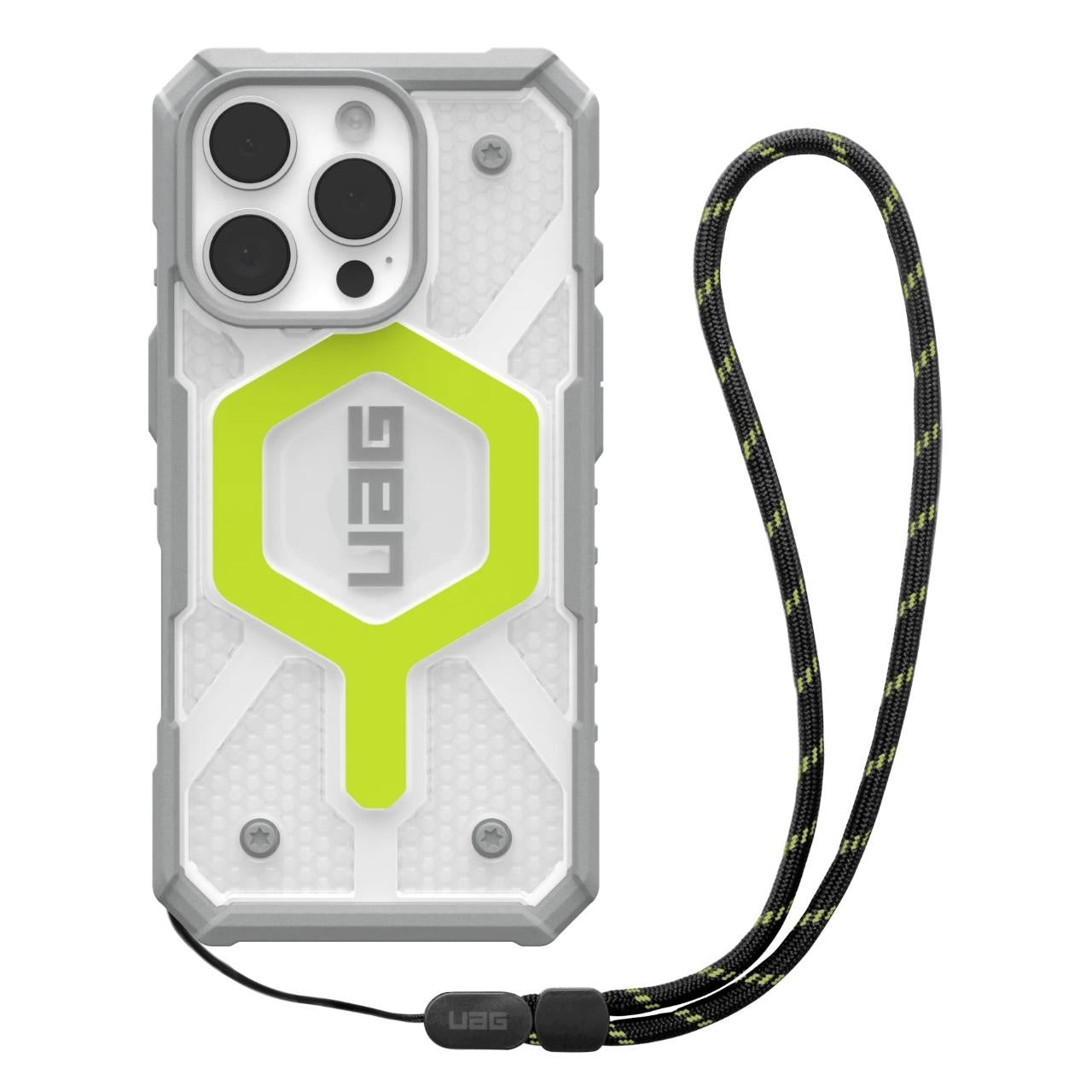 MagSafe-Hülle für Apple iPhone 16 Pro, Urban Armor Gear, Pathfinder Clear mit Lanyard, Grün