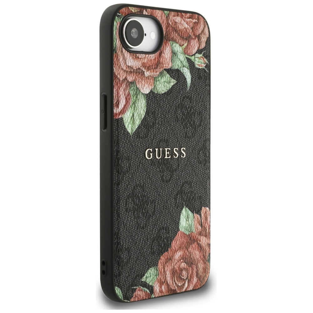 MagSafe Hülle für Apple iPhone 16e, Guess, 4G Flowers Print, Schwarz