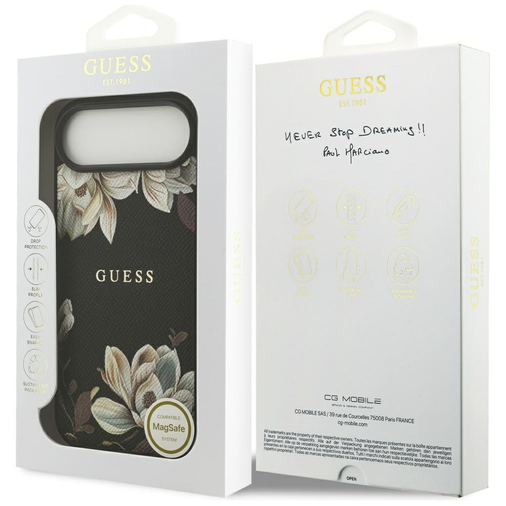 MagSafe Hülle für Apple iPhone 17 Air, Guess, Grained Flowers, Schwarz