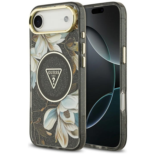MagSafe Hülle für Apple iPhone 17 Air, Guess, IML Metal Glitter Flowers Triangle, Schwarz