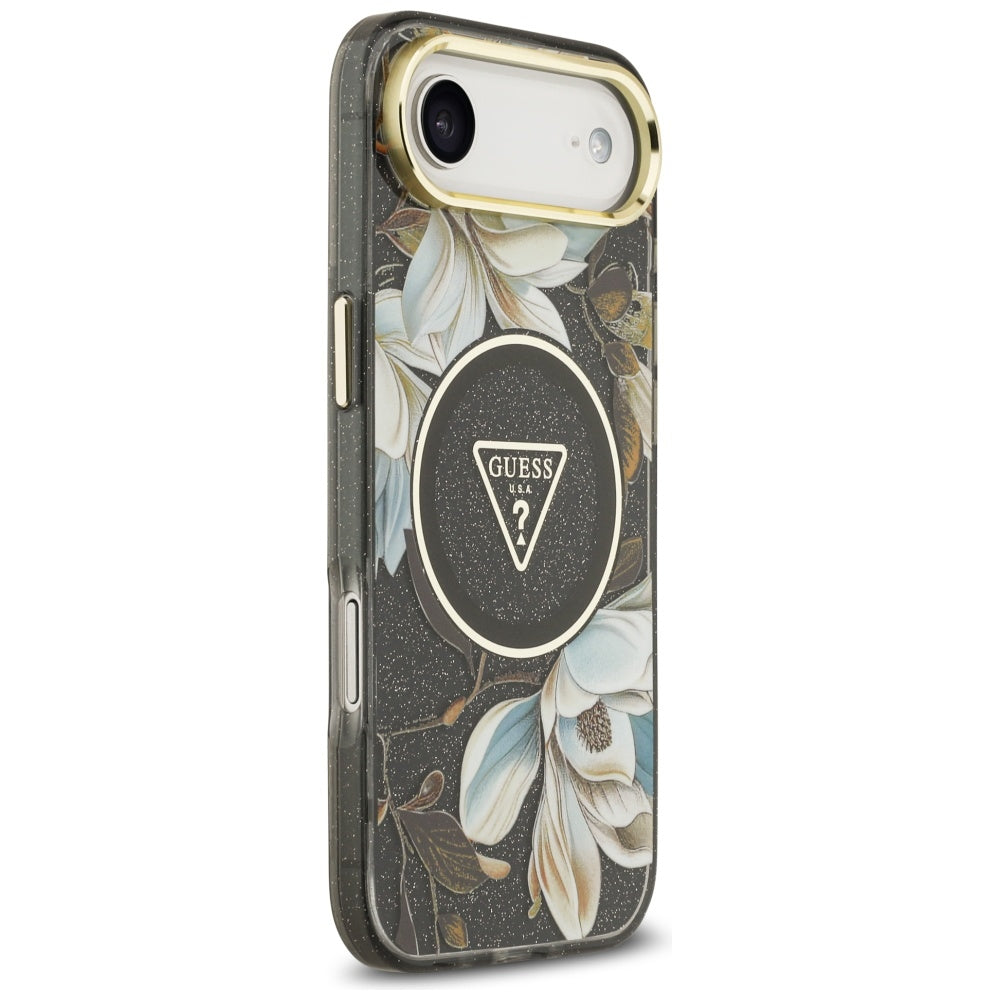 MagSafe Hülle für Apple iPhone 17 Air, Guess, IML Metal Glitter Flowers Triangle, Schwarz